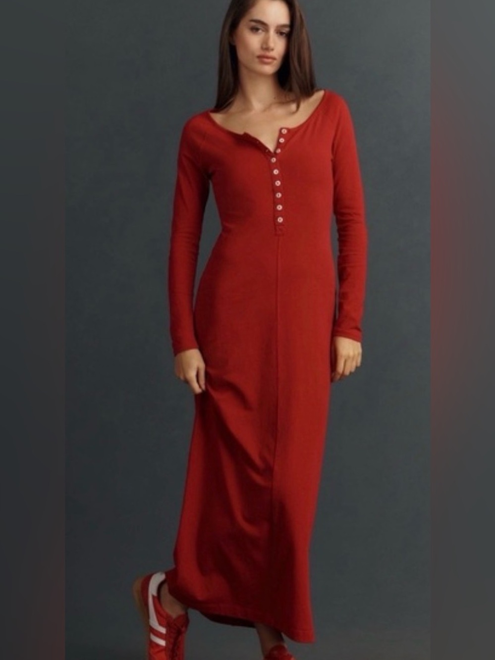 🆕BnwtAnthropologie L’Space  Rust Red Long Sleeve Button-Front Knit Dress